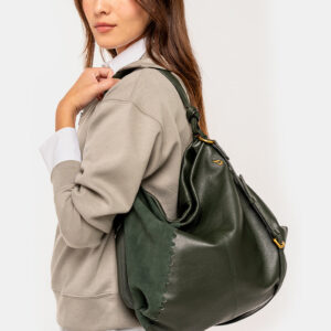 BOLSO DE HOMBRO EN PIEL Y SERRAJE VERDE
